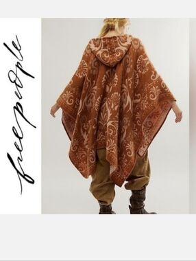 Free People Burgundy& Cream Hooded Poncho O/S NWT
